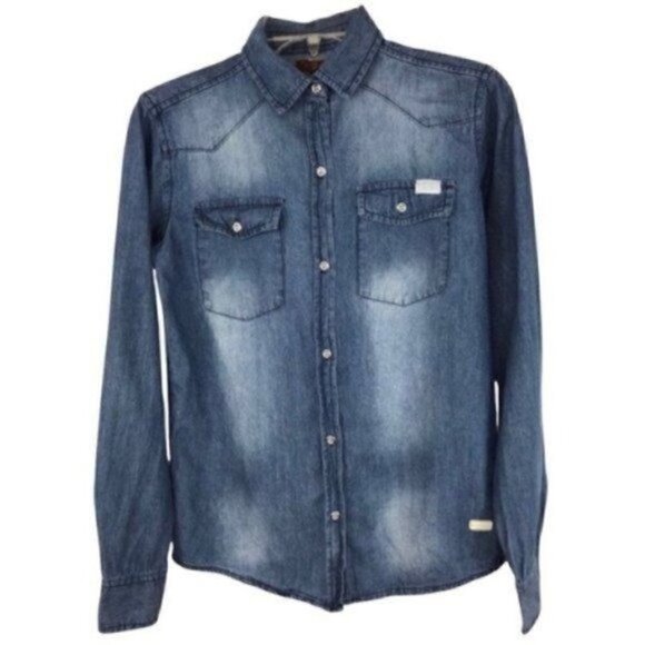 7 For All Mankind Girls denim chambray blouse long sleeve size  XL 100% cotton - Picture 1 of 8